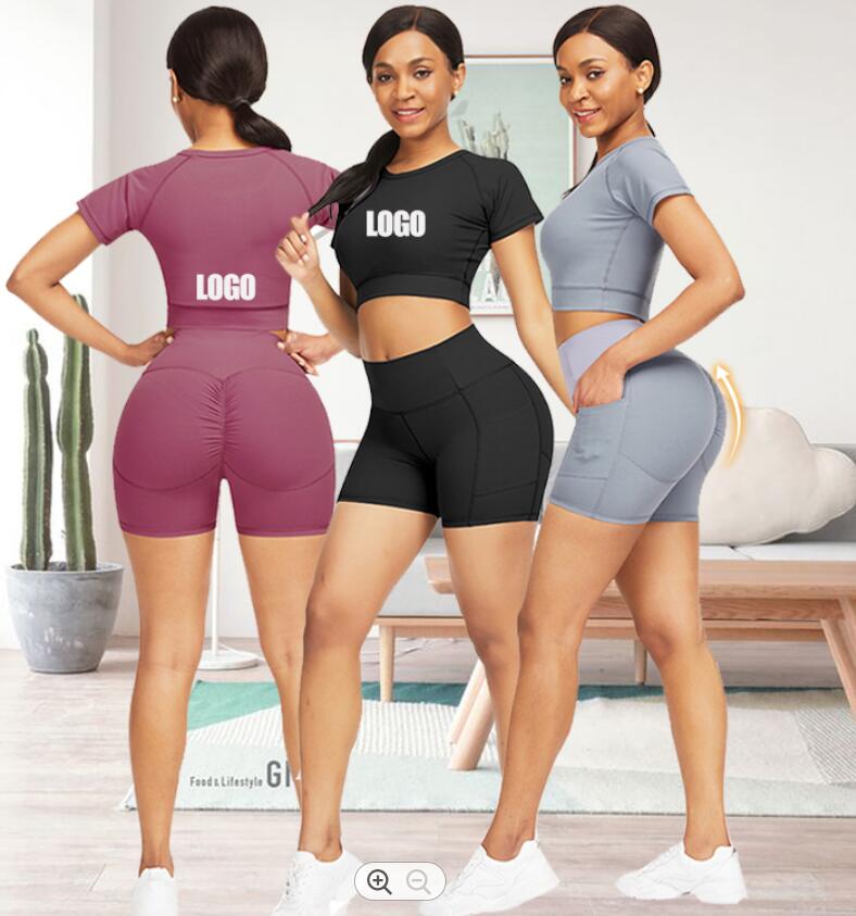 Short Sleeve High Waist Scrunch Yoga Short Set Women Active Wear