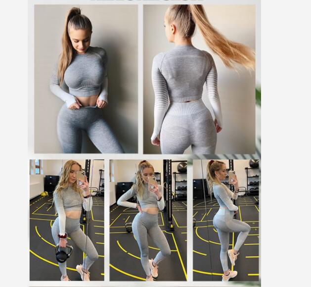 High Waist Hip Enhancer Long Sleeve Workout Set For Women Seamless Active Wear Yoga Set