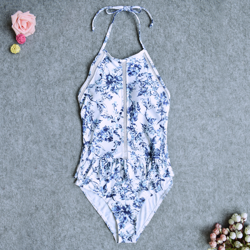 blue and white one piece bikini