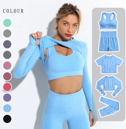 Seamless Women Workout Sportswear Gym Clothes Fitness Long Sleeve Crop Top High Waist Leggings Sports Clothes Set