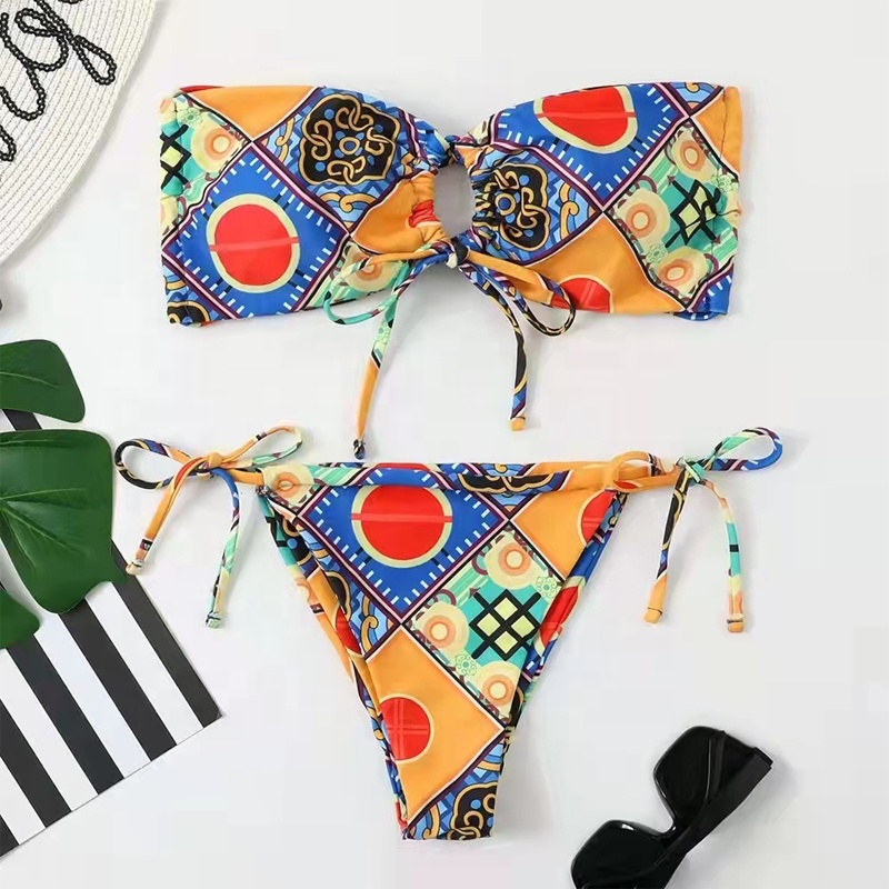 patch work colorful elegant triangle hollow out bikini