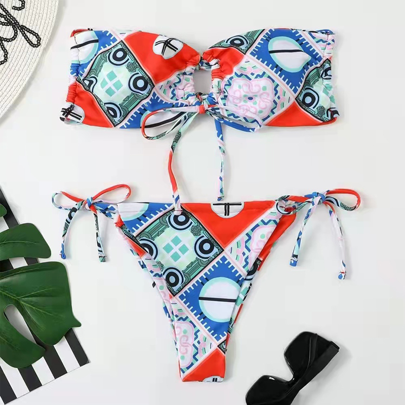 patch work colorful elegant triangle hollow out bikini