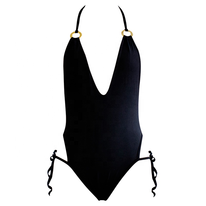 ring linked design black one piece swimwear