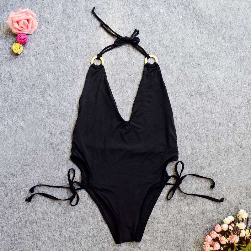 ring linked design black one piece swimwear