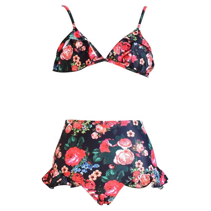 rose printing high waist bikini