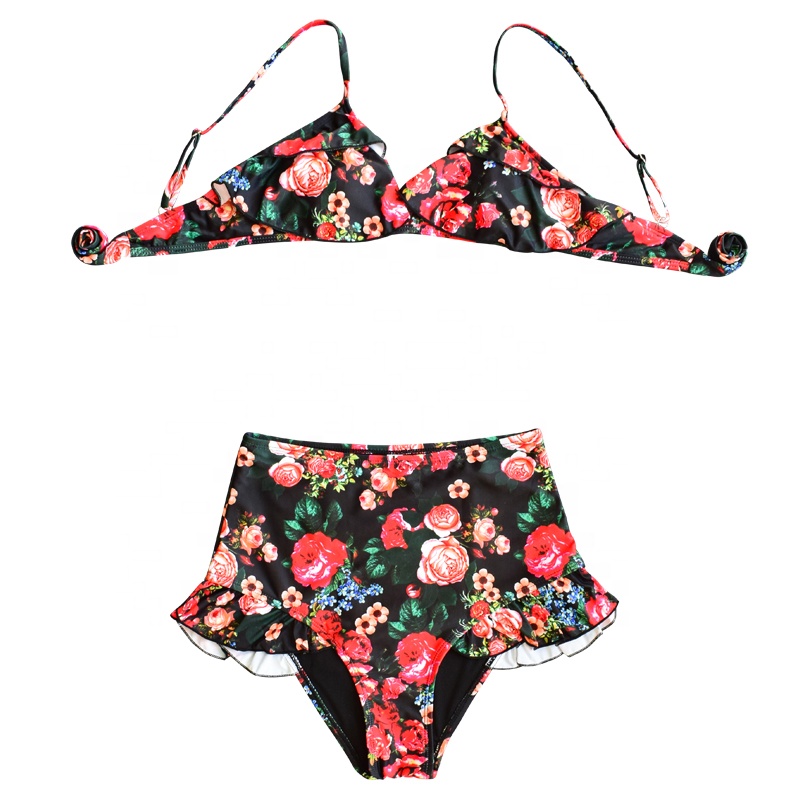 rose printing high waist bikini