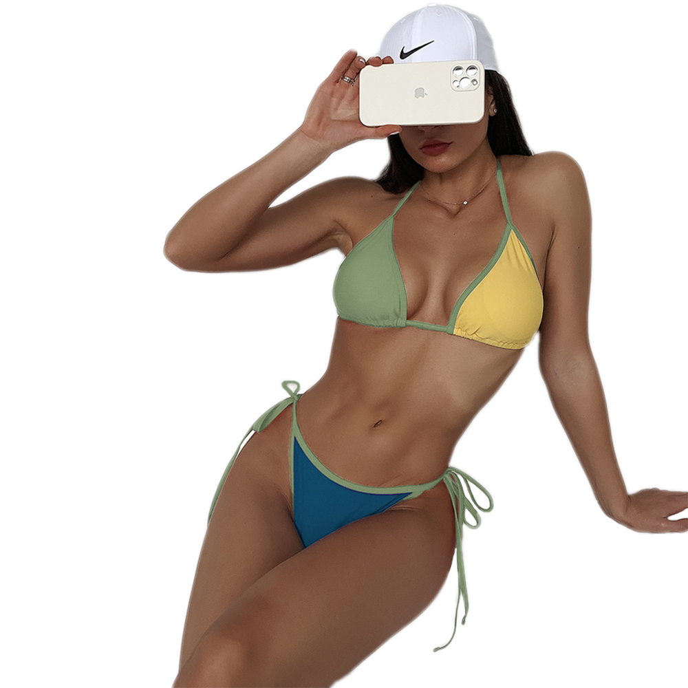 halter string colorblock bikini