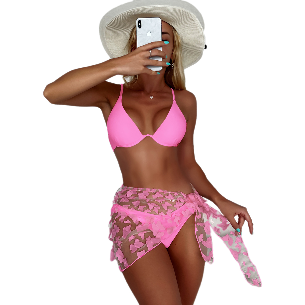 mesh sarong three piece bikini