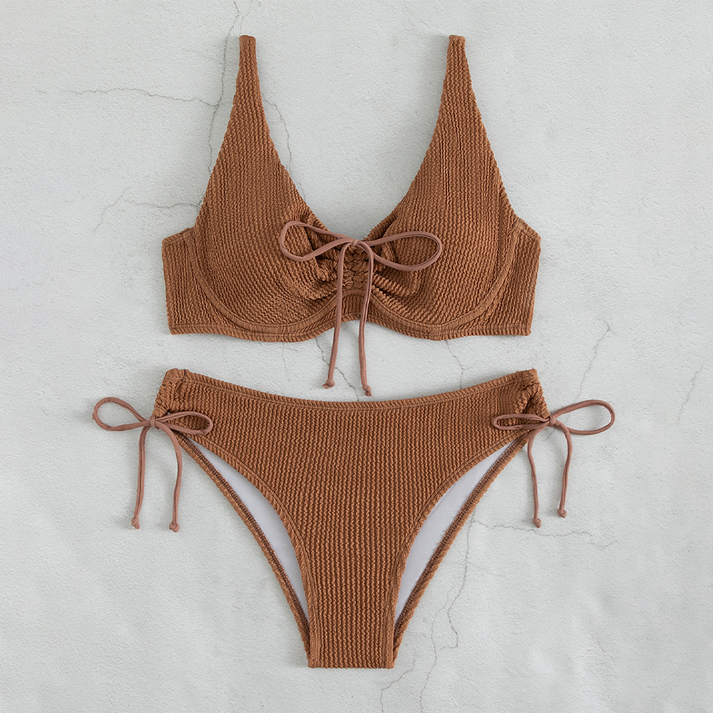 brown ruched women swimsuit