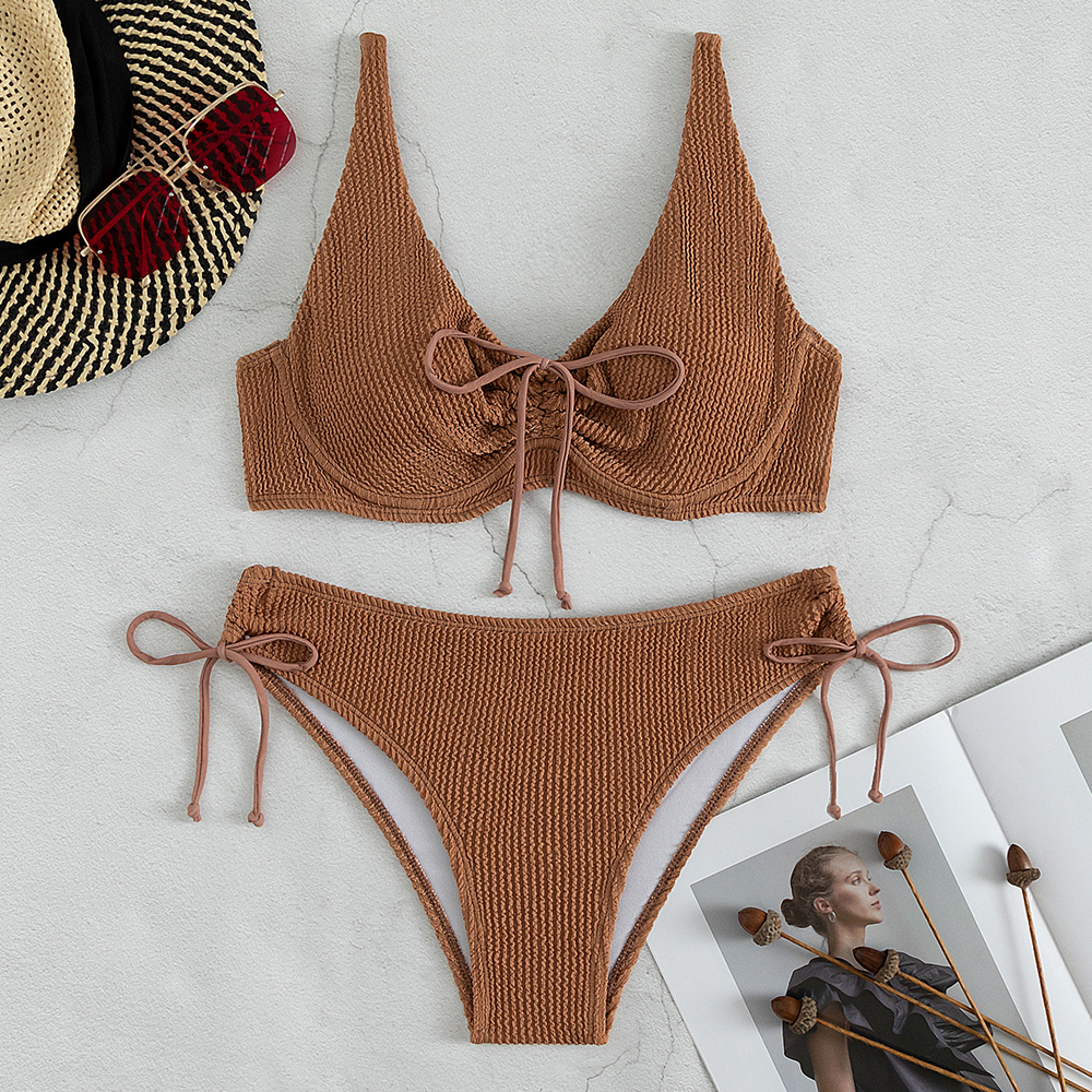 brown ruched women swimsuit