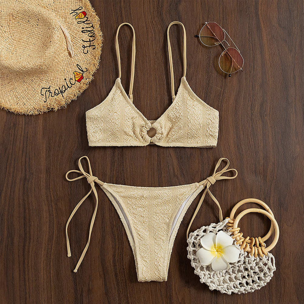 beige textured triangle bikini set