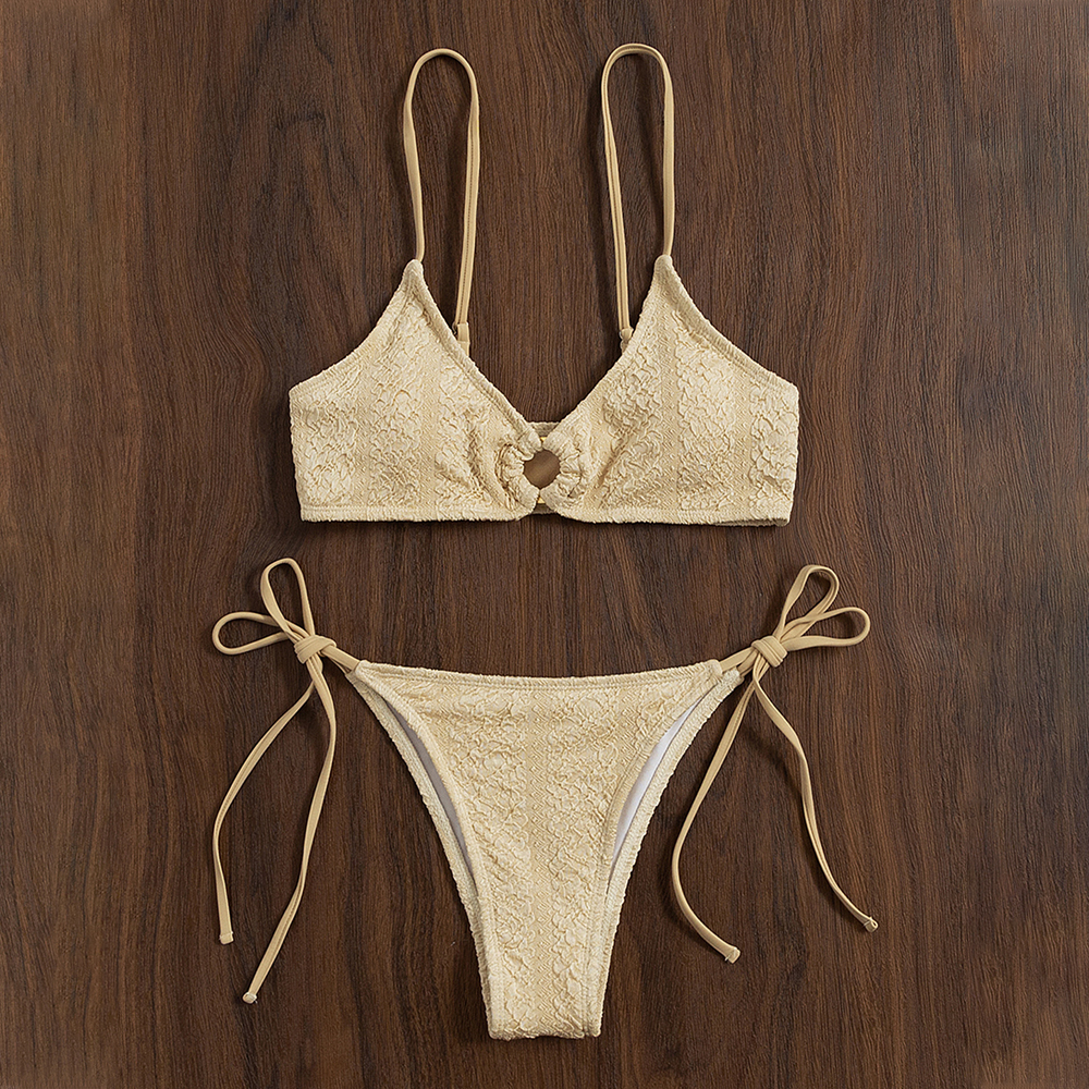 beige textured triangle bikini set