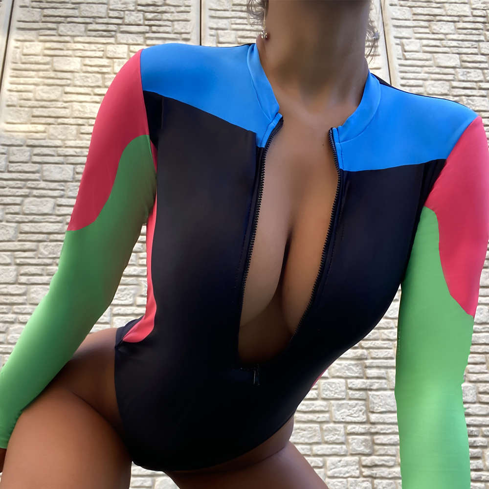 Color Block Zipper Swimsuit