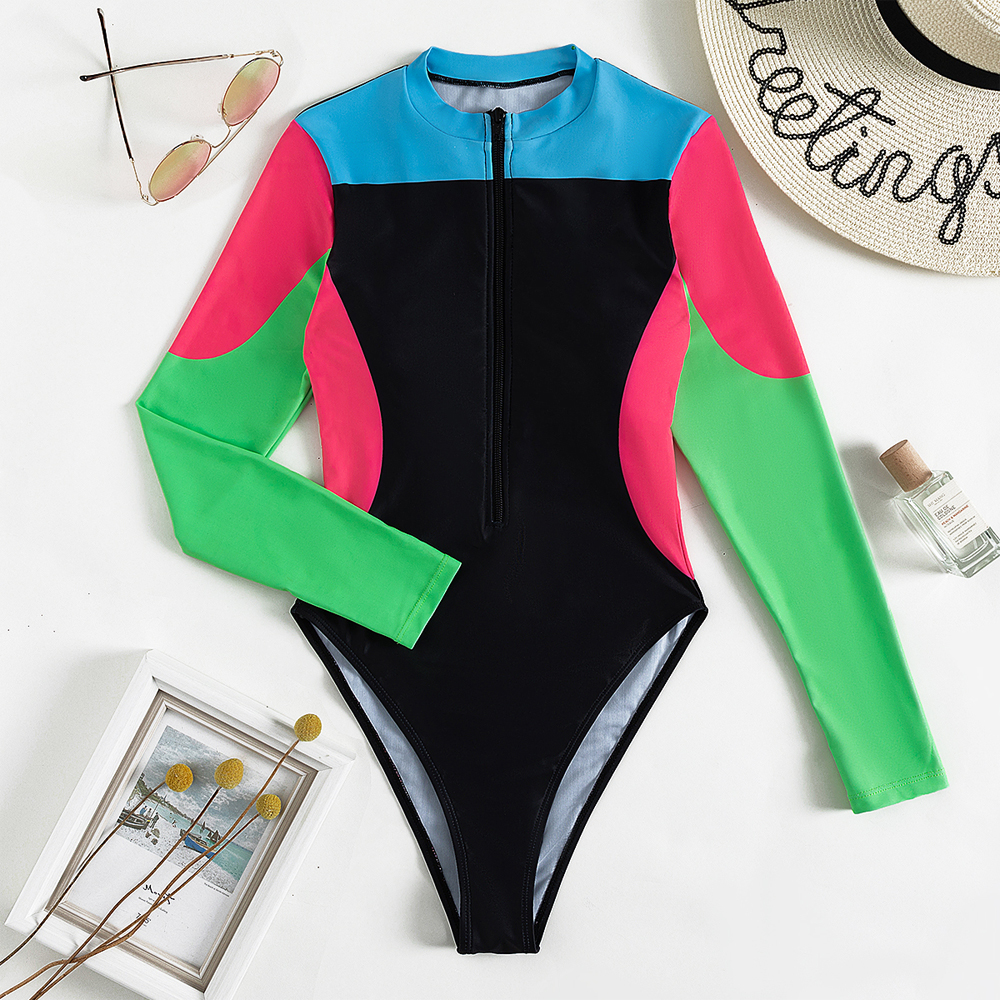 Color Block Zipper Swimsuit