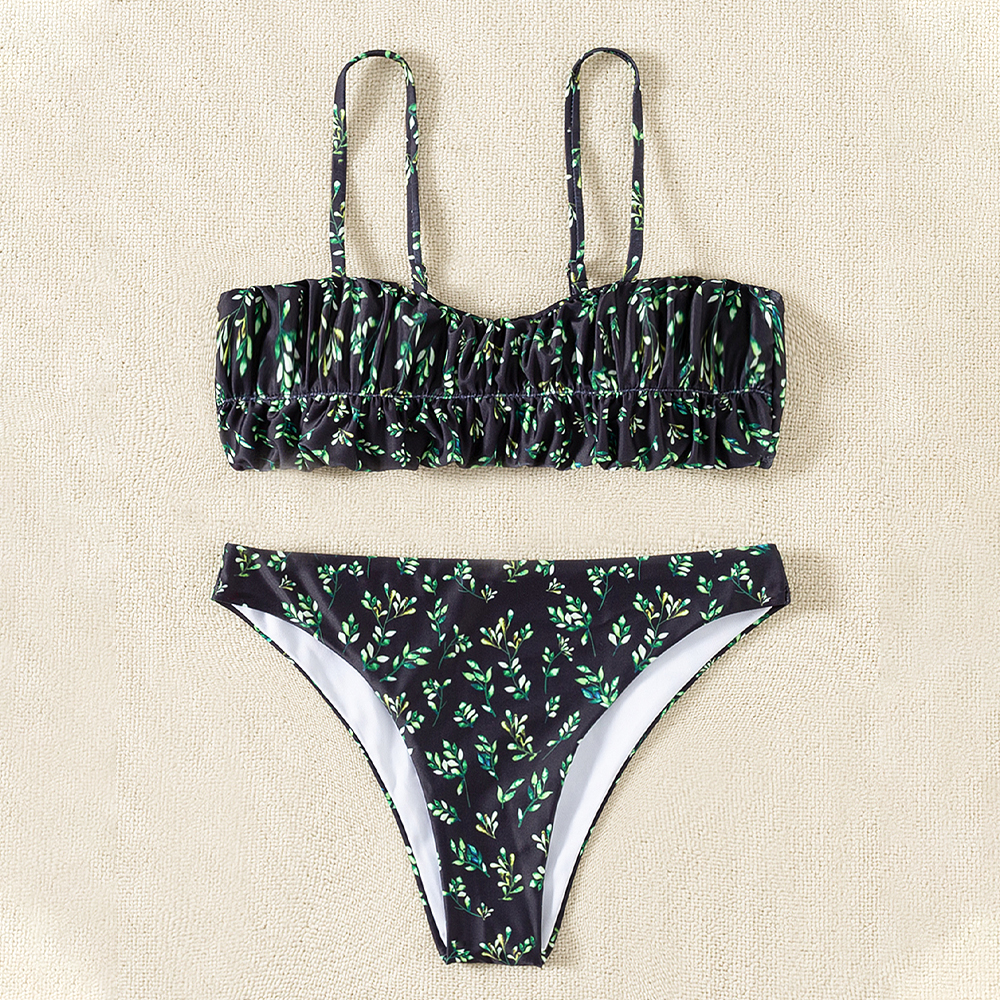 ruched bandeau floral printing beach swimsuit