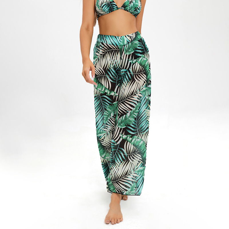 green floral bandeau bikini set with chiffon dress