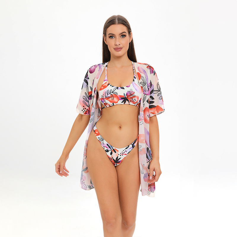 pink floral sexy two piece bikini set with chiffon dress