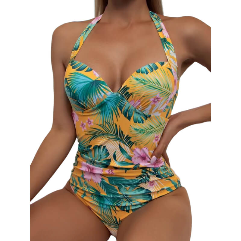 one piece coconut tree leaf tropical halter women bikini high waist swim suit