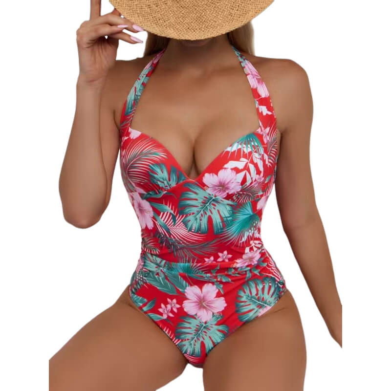 one piece coconut tree leaf tropical halter women bikini high waist swim suit