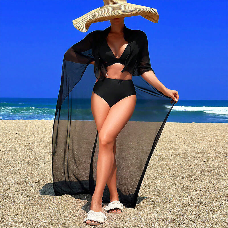 pure black sexy halter neck women bikini with mesh skirt