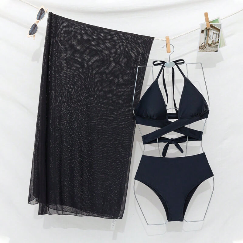 2024 black ruched two piece bikini set with mesh