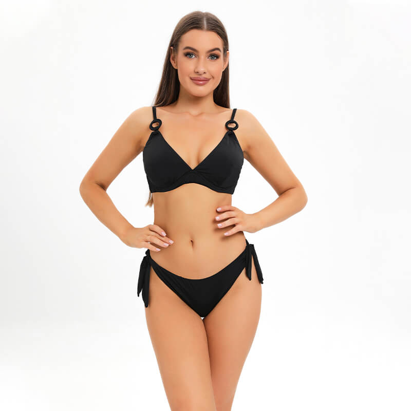 solid black ring linked halter neck triangle tummy control  two piece  women bikini set