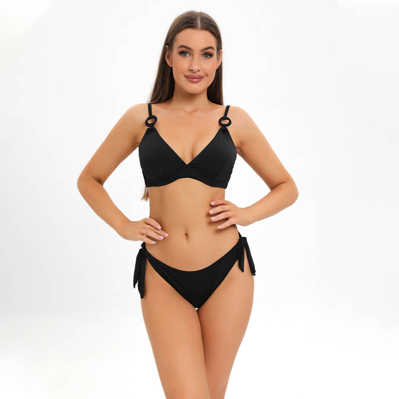 solid black ring linked halter neck triangle tummy control  two piece  women bikini set