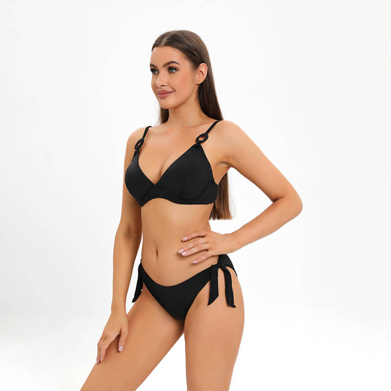 solid black ring linked halter neck triangle tummy control  two piece  women bikini set