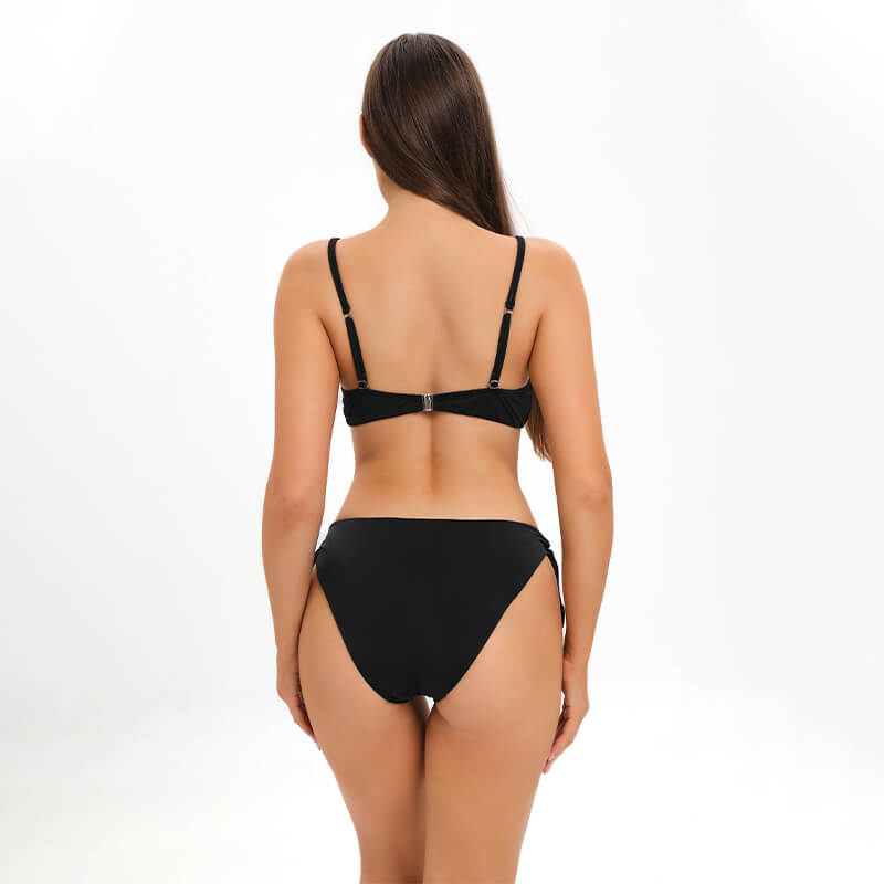 solid black ring linked halter neck triangle tummy control  two piece  women bikini set