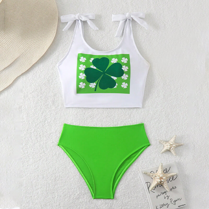 square neck shamrock printing bandeau two piece women bikini set