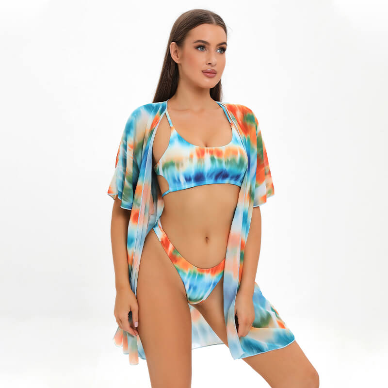 Chuzhou Sunrising tie dye blue gradient bandeau two piece women bikini set with chiffon cove up