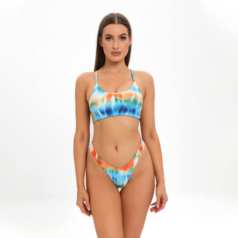 Chuzhou Sunrising tie dye blue gradient bandeau two piece women bikini set with chiffon cove up