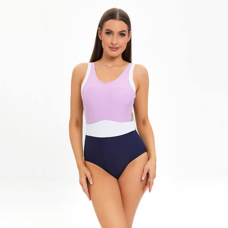 purple blue white color block high cut high waist competition fitness gym training one piece bikini