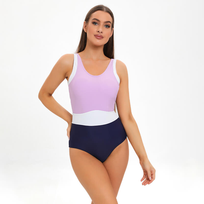 purple blue white color block high cut high waist competition fitness gym training one piece bikini