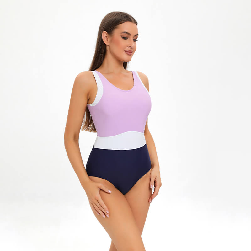 purple blue white color block high cut high waist competition fitness gym training one piece bikini