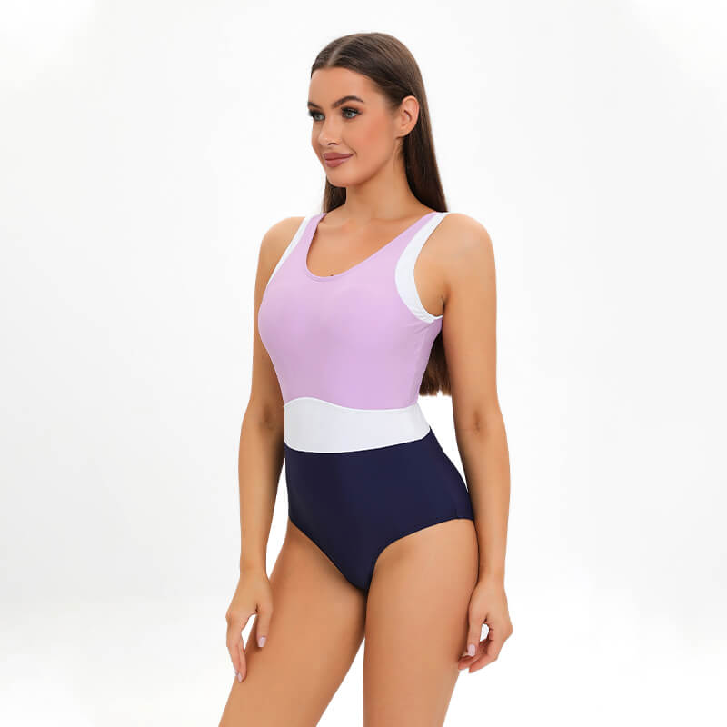 purple blue white color block high cut high waist competition fitness gym training one piece bikini