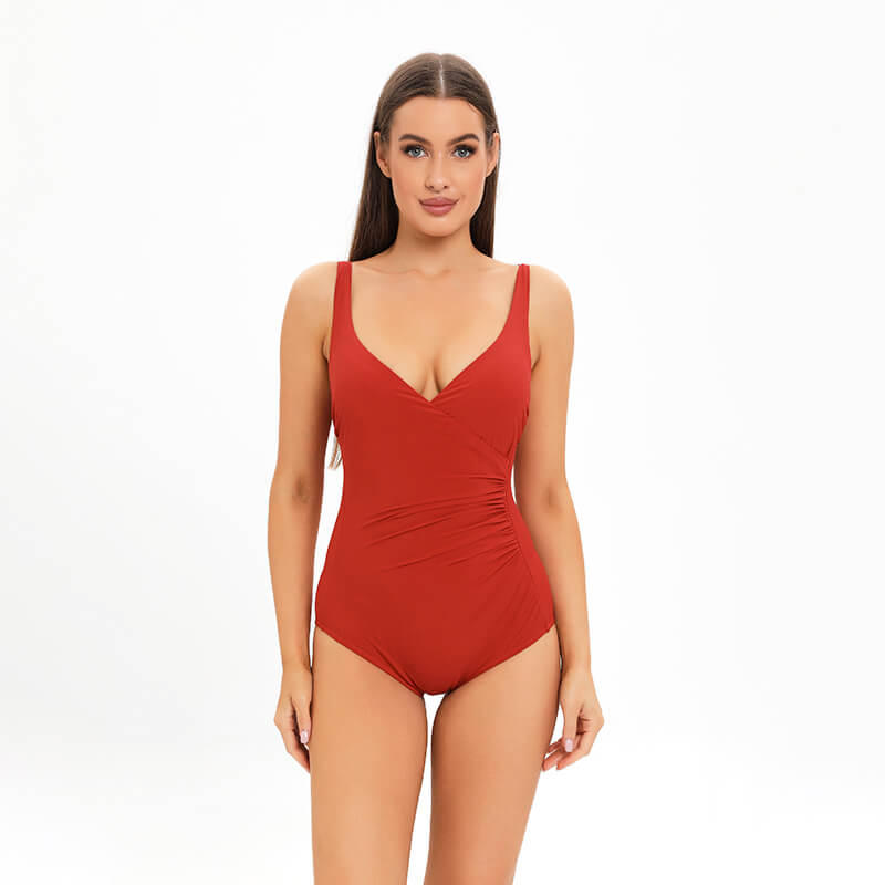 solid red one piece deep v ruched Australian European American backless swimsuit