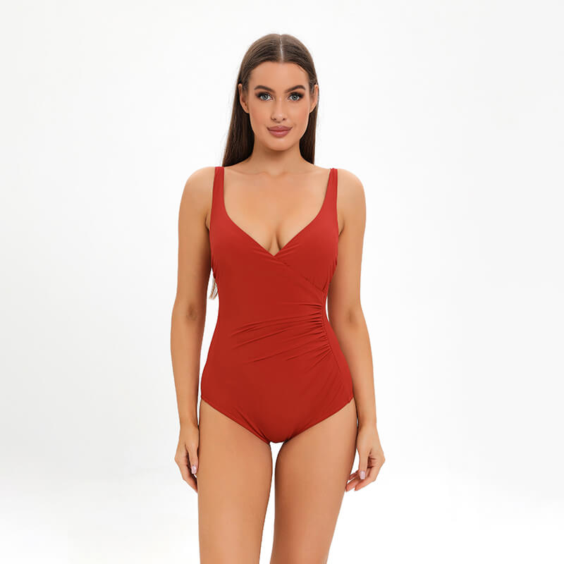 solid red one piece deep v ruched Australian European American backless swimsuit