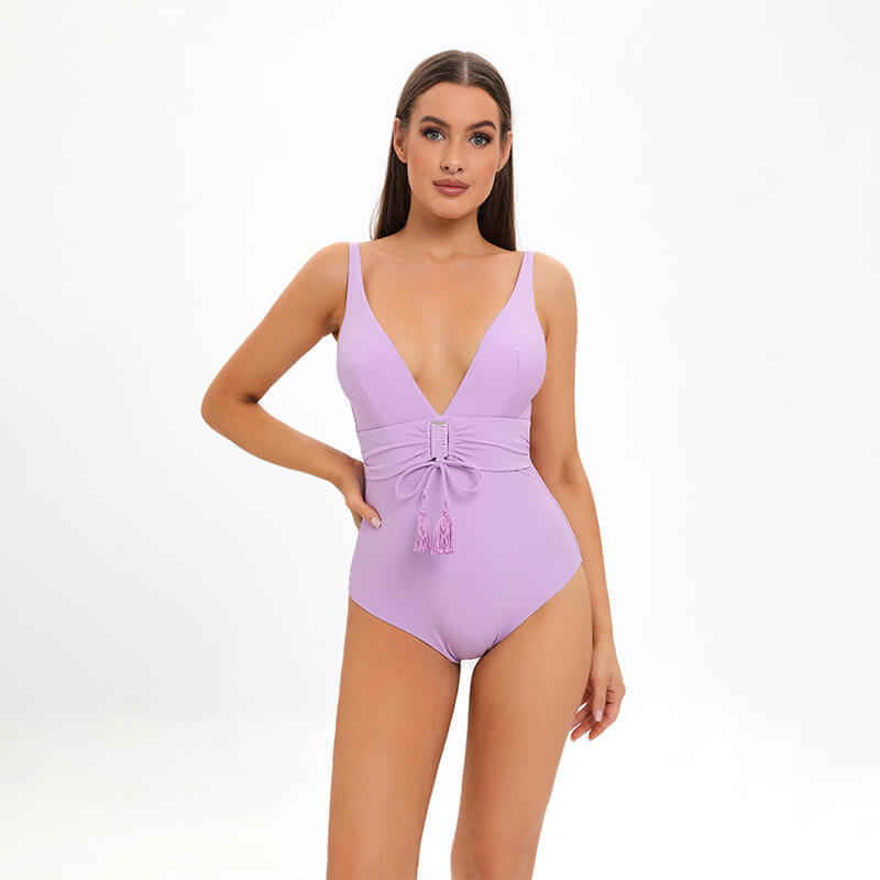 straight neck one piece purple high waist ruched bikini with tassel