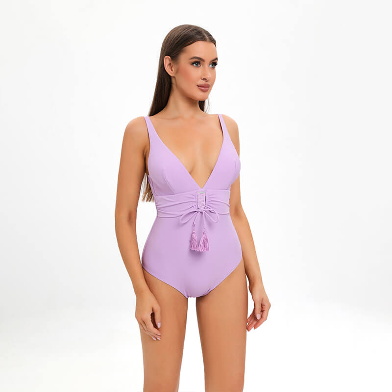 straight neck one piece purple high waist ruched bikini with tassel