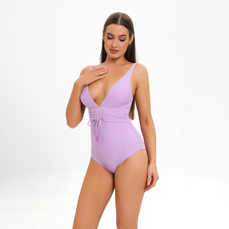 straight neck one piece purple high waist ruched bikini with tassel