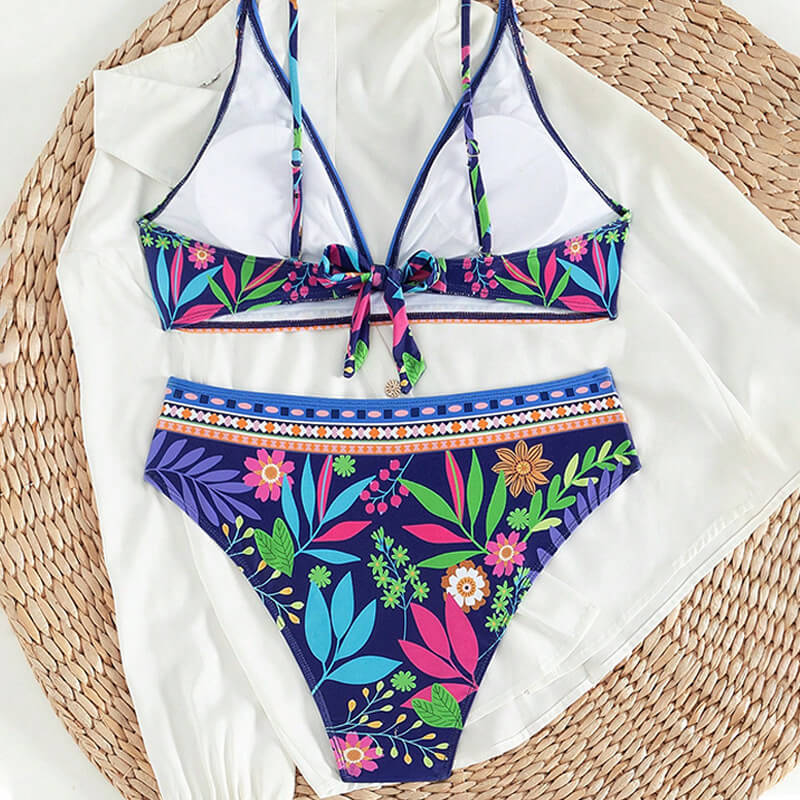 blue floral deep v ribbed women swimsuit