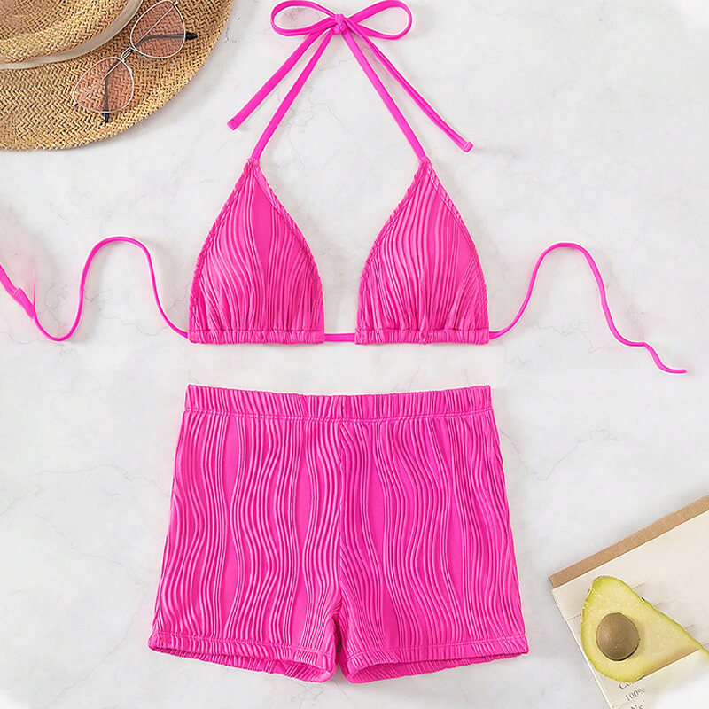 ribbed pink textured high waist ruched 2 piece triangle women swim suit