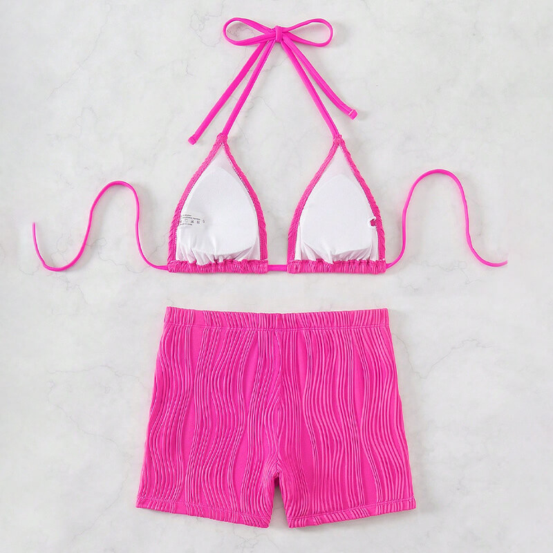 ribbed pink textured high waist ruched 2 piece triangle women swim suit