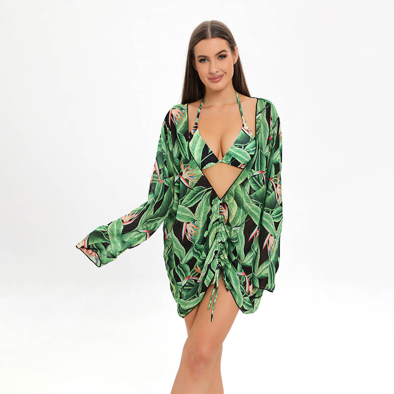 green tropical leaf digital printing ruched  beach women dress for women bikini