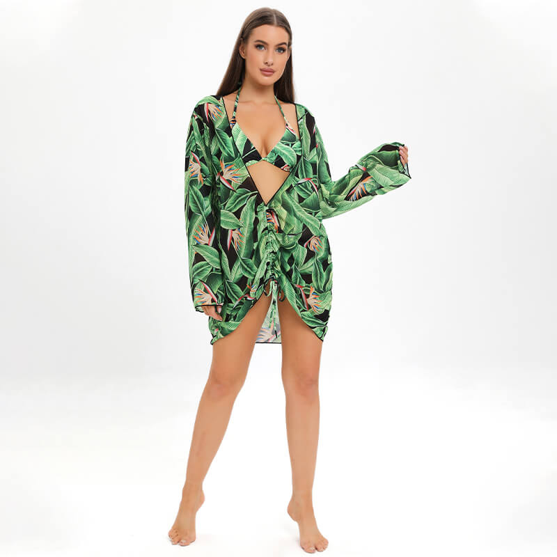 green tropical leaf digital printing ruched  beach women dress for women bikini