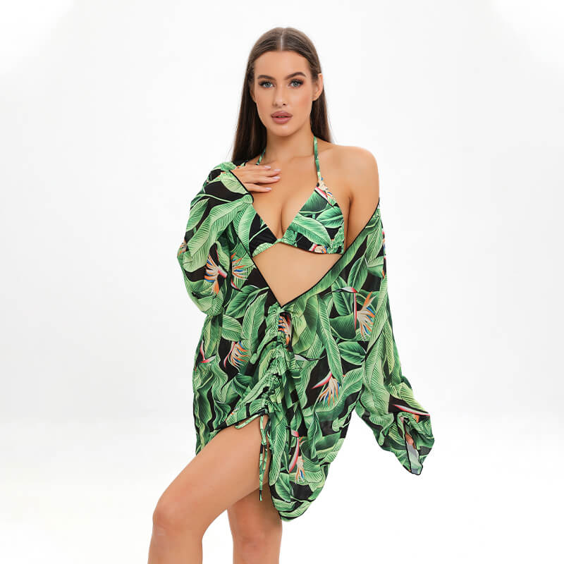 green tropical leaf digital printing ruched  beach women dress for women bikini