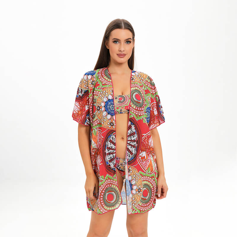 Bohemia floral casual belted beach chiffon dress for women swimwear