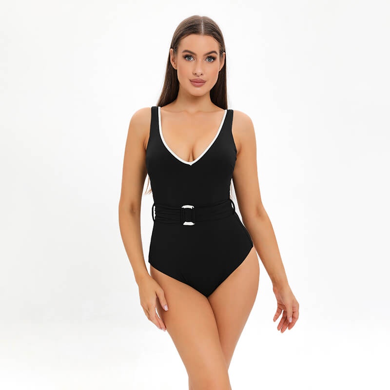 black white color contrast high waist belted one piece girl women bikini