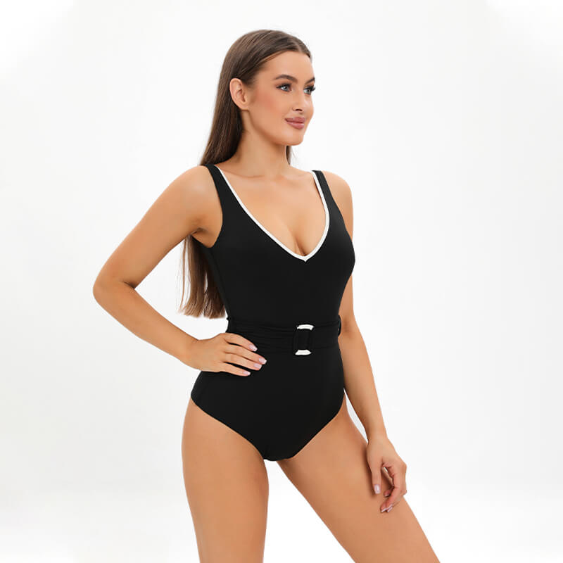 black white color contrast high waist belted one piece girl women bikini